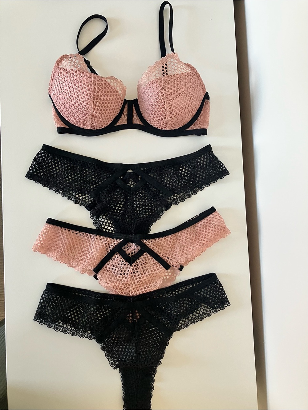 Victoria's Secret Pink & Black Mesh Lingerie Set 32C